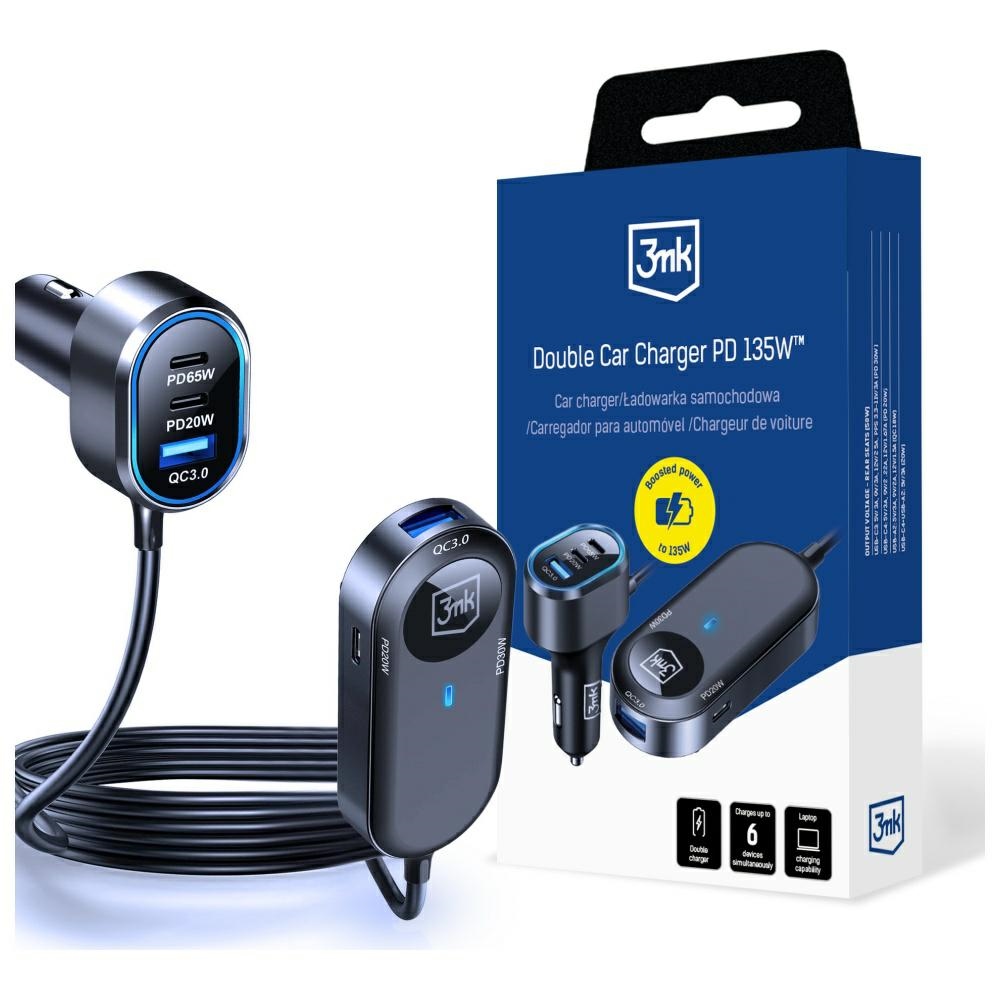 Szürke 3MK Double Car töltő 135W PD QC PPS 2xUSB-A 4xUSB-C