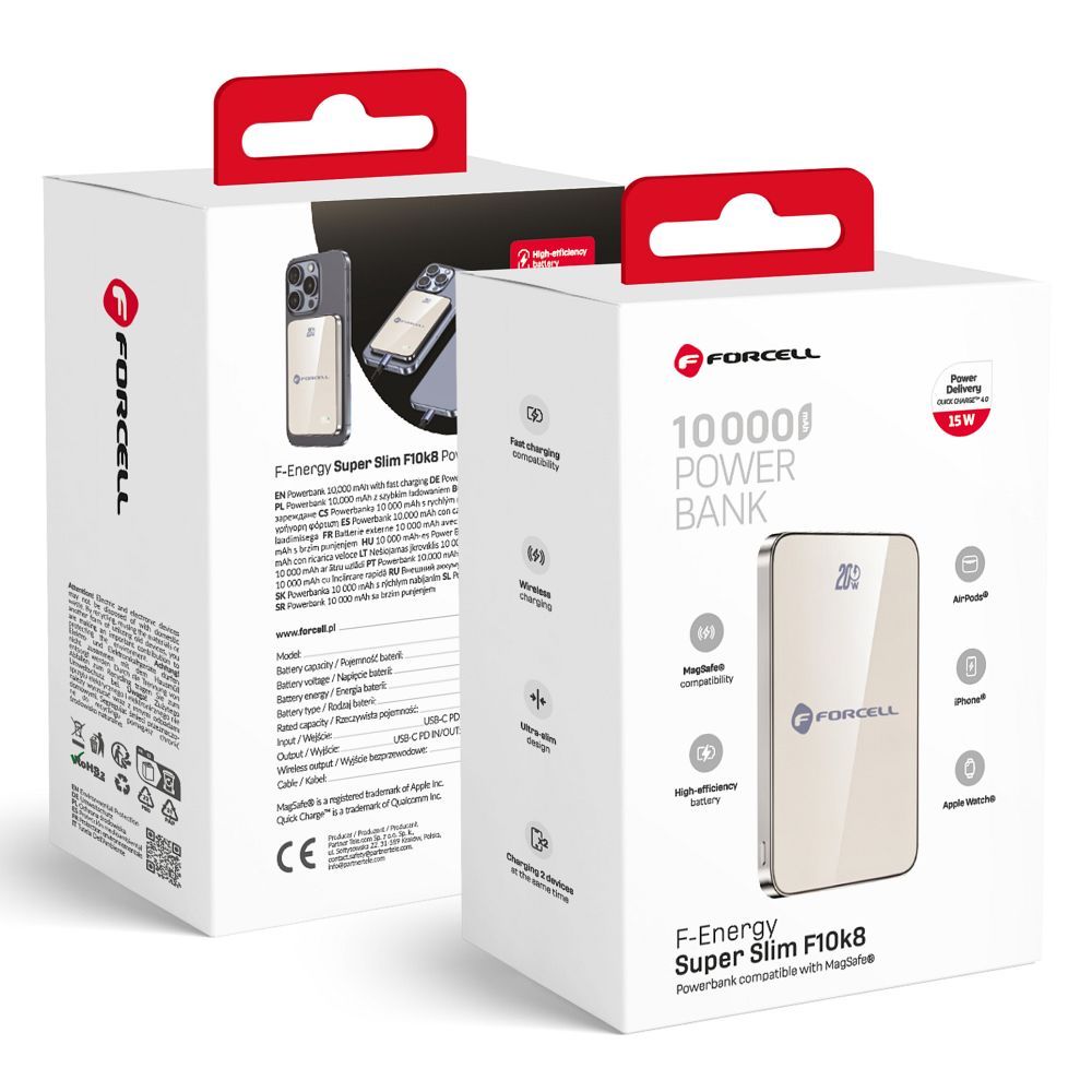 FORCELL F-ENERGY F10K8 Szuper Vékony powerbank kompatibilis MagSafe PD3.0 QC4.0 15W 10000 mAh titán desszert