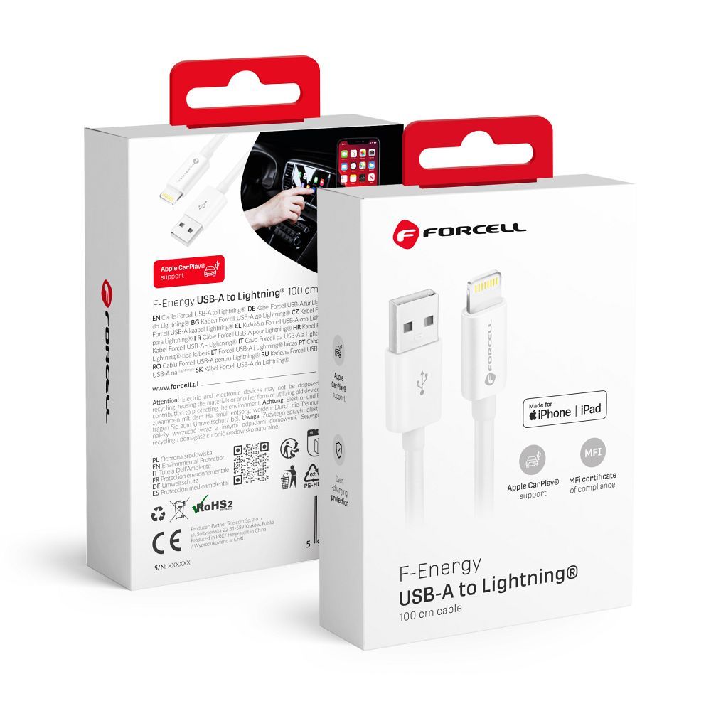 FORCELL F-ENERGY C703 kábel USB A - Lightning MFi 2,4A 12W 1 m fehér