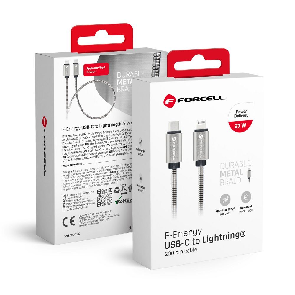 FORCELL F-ENERGY Metal C238 kábel Type C Lightning-hez PD 3A 27W 2 m ezüst
