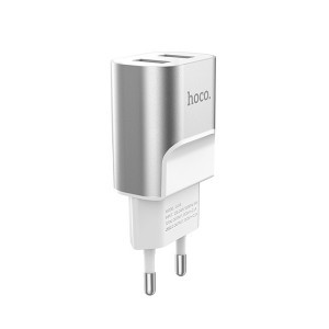 Hoco hálózati, USB fali töltő adapter 2xUSB csatlakozóval 2,1A ezüst