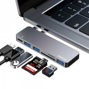 RayCue USB elosztó HUB MacBook-hoz szürke színben, Type-C, USB 3.0, SD, Micro SD, TF
