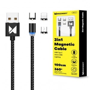 Wozinsky mágneses USB/Micro-USB/USB Type-C/Lightning 1m LED világítással fekete (WMC-01)