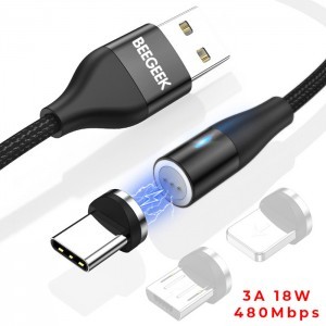 BeeGeek AM60 USB kábel 1M 3A 18W QC 3.0 gyorstöltés USB-C, Type-C mágneses fejjel, 1m fekete