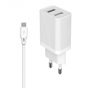 Kingkong töltő EU adapter 2x USB 2.1A + 1m micro USB fehér (WP-U79m white)