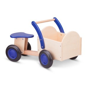 Fából készült bicikli szállítórekesszel fa-kék színben gyerekjáték, gyerekkocsi