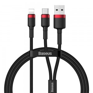 Baseus Cafule Nylon harisnyázott USB/USB-Type C/ Lightning kábel 18W 2,4A 480 Mbps 1,2m piros (CATKLF-EL91)