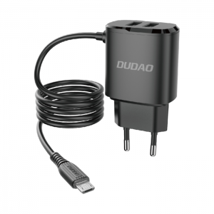 Dudao 2x USB hálózati töltő adapter beépített micro USB kábelllel 12 W fekete (A2ProM)