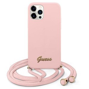 iPhone 12/ 12 Pro Guess GUHCP12MLSCLMGLP Metal Logo Cord tok pánttal pink