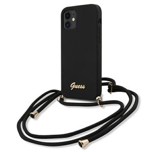 iPhone 12 mini Guess GUHCP12SLSCLMGBK Metal Logo Cord tok pánttal fekete