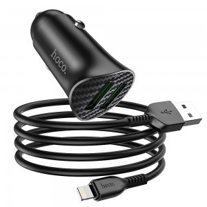 HOCO Autós töltő 2x USB QC3.0 18W + Lightning kábel fekete