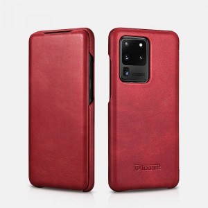 Icarer Vintage valódi bőr fliptok Samsung S20 Ultra mágneses zárral piros