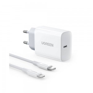 Ugreen CD137 Hálózati töltő adapter 20W PD 3.0 USB Type-C + Lightning - USB Type-C kábel fehér