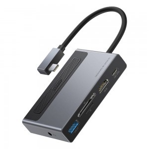 Baseus 6in1 HUB adapter USB Type-C - USB Type-C PD 100 W / HDMI 4K 60Hz / SD és microSD kártyaolvasó / USB 3.2 Gen 1 / 3.5mm mini jack szürke (CAHUB-DA0G)