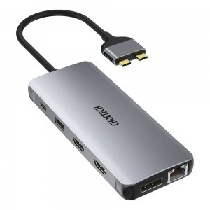 Choetech 12 in1 USB Type-C HUB - USB Type C Thunderbolt 3 100W / 2x HDMI + 1x DisplayPort 4K @ 60Hz / 2x USB 3.2 Gen 1 / 2x USB 2.0 / SD and microSD card reader / RJ45 Ethernet 1Gbps / 3.5 mm mini jack szürke