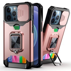 iPhone 13 mini Ring Armor tok kameralencse védővel, kihajtható támasszal, kártyatartóval rózsaszín (ip-13-mini-ring-armor-pink)