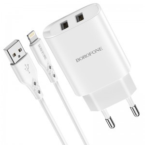 Borofone BN2 Hálózati töltő adapter 2xUSB 2.1A + Micro USB kábel fehér