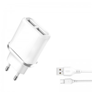 XO L52 2x USB 2.1A fali töltő adapter fehér + microUSB kábel