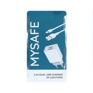 MySafe 2x USB Hálózati töltő adapter 2.4A + 1m Lightningkábel