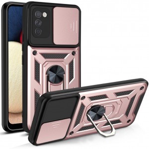Samsung Galaxy A03s TPU tok kameralencse védővel, kihajtható mágneses támasszal rózsaszín Alphajack