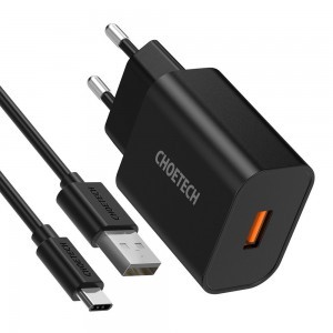 Choetech Quick Charge 3.0 18W 3A USB fali töltő + USB - USB Type C kábel fekete (Q5003)