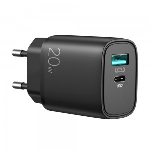 Joyroom fali töltő adapter (EU plug) USB / USB Type C 20W Power Delivery QuickCharge 3.0 AFC FCP fekete ( L-QP205)