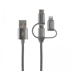 MFi 3 az 1-ben töltőkábel USB-A - lightning, micro USB, USB-C 1m szürke (CA-09) Alphajack