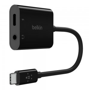 Belkin RockStar USB-C - 3.5mm audio + USB-C elosztó adapter, fekete (F7U080btBLK)