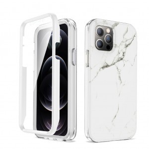 iPhone 12 Pro / 12 márvány mintás 360 fokos védelmet biztosító TPU tok kijelzővédővel, fehér Alphajack