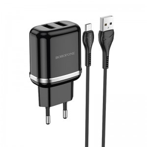 Borofone Aspiring DBN4 töltő adapter 2xUSB 2.4A + USB - micro USB töltő kábel fekete