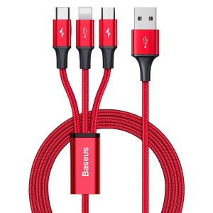 Baseu 3in1 Nylon harisnyázott USB/Type-C/Micro-USB/Lightning kábel 3.5A/1.2m piros (CAJS000009)