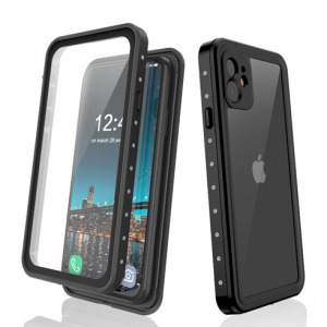 iPhone 11 360 fokos védelmet biztosító IP68 vízálló tok kijelzővédővel, átlátszó, fekete kerettel