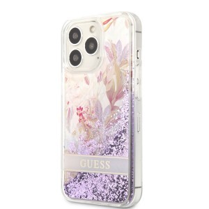iPhone 13 Pro Guess Liquid Glitter Flower csillámos tok lila