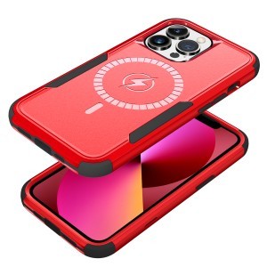 iPhone 13 Pro 3 az 1-ben ütésálló MagSafe-kompatibilis mágneses tok piros-fekete Alphajack