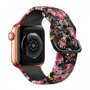 Apple Watch 38/40/41mm szilikon óraszíj virág mintás fekete-rózsaszín-lila Alphajack