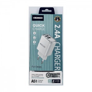 Jellico AC töltő adapter A51 2.4A 2xUSB + Micro USB kábel fehér