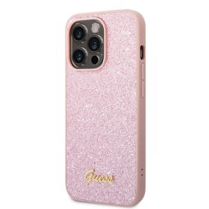 iPhone 14 Pro Max Guess PC/TPU Glitter Flakes Metal Logo tok rózsaszín (GUHCP14XHGGSHP)