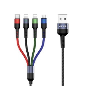 USAMS U26 4 az 1-ben 0.35 m 2A gyorstöltésű fonott kábel, 2xlightning / microUSB / USB-C (US-SJ411)