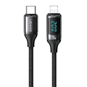 USAMS U78 USB-C – Lightning gyorstöltő kábel LED kijelzővel 1,2 m 20 W PD fekete (US-SJ545)