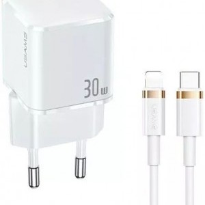 USAMS T45 hálózati töltő adapter USB-C 30W PD3.0 + QC3.0 gyorstöltés + kábel U63 USB-C / lightning fehér (USAMS-UX)