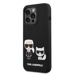 iPhone 14 Pro Karl Lagerfeld Liquid Silicone Karl és Choupette MagSafe kompatibilis tok fekete (KLHMP14LSSKCK)