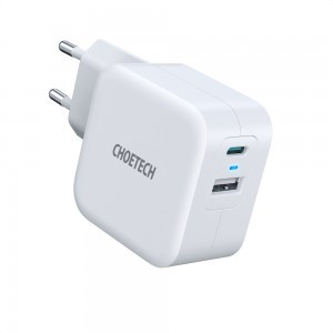 Choetech hálózati töltő adapter QC PD 38W 5A USB Type C + USB-A fehér (PD5002-EU)