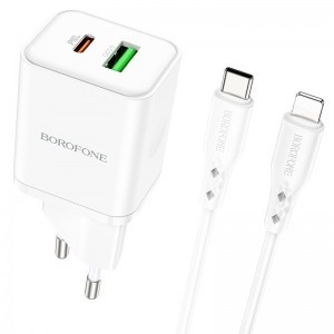 Borofone BN7 hálózati töltő adapter USB+Type C QC 3.0 PD 20W + Type C - Lightning kábel fehér
