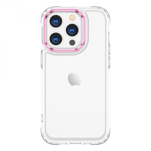 iPhone 14 Pro Max fokozott védelmet nyújtó átlátszó TPU tok rózsaszín kerettel a kamera körül Alphajack