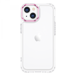 iPhone 14 Plus fokozott védelmet nyújtó átlátszó TPU tok rózsaszín fém kerettel a kamerák körül Alphajack