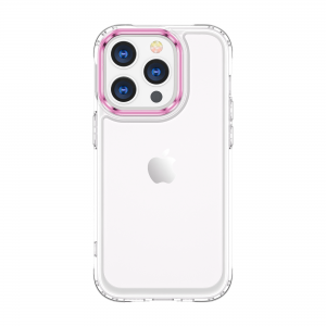 iPhone 14 Pro fokozott védelmet nyújtó átlátszó TPU tok rózsaszín fém kerettel a kamerák körül Alphajack