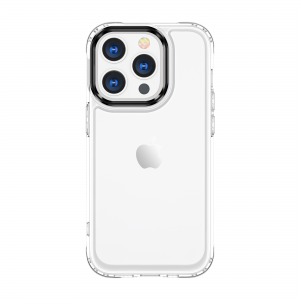 iPhone 14 Pro fokozott védelmet nyújtó átlátszó TPU tok fekete fém kerettel a kamerák körül Alphajack
