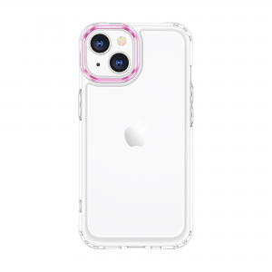 iPhone 14 fokozott védelmet nyújtó átlátszó TPU tok rózsaszín fém kerettel a kamerák körül Alphajack