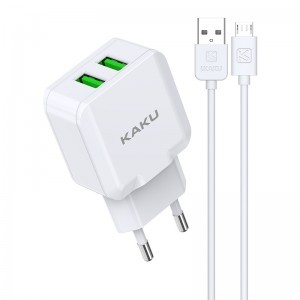 Kaku Qiyuan hálózati töltő adapter 2xUSB 10W 2.4 A + USB-microUSB kábel fehér