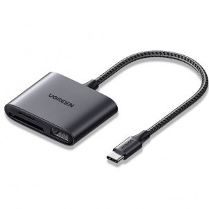 Ugreen CM387 USB-C HUB elosztó adapter, microSD/SD kártyaolvasó + USB-A (fekete)